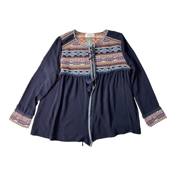 Arianna By Howards Womens Smock Top Tribal Print Navy Open Front Small Medium - Picture 3 of 8